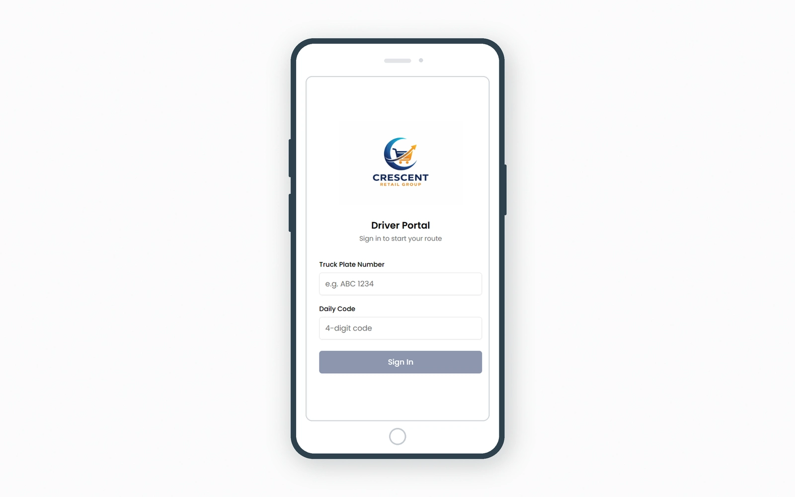 Delivery and dispatch tracking system — driver portal sign-in on a smartphone where drivers enter their truck plate number and daily code