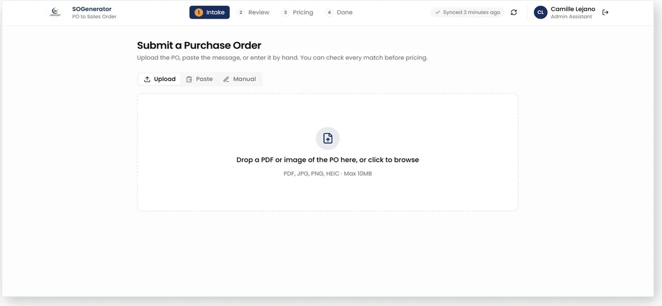 Sales Order Generator — purchase order intake screen with upload, paste, and manual entry options